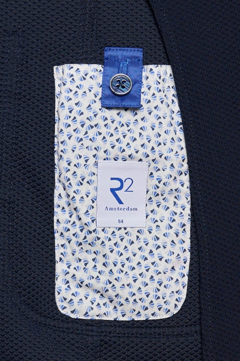 Direct From Brand,R2 Amsterdam, R2 Amsterdam Navy Textured Stretch Travel Blazer, Blue, Medium-40-Tag50Large-42-Tag52Large-42-Tag54Large-44-Tag56