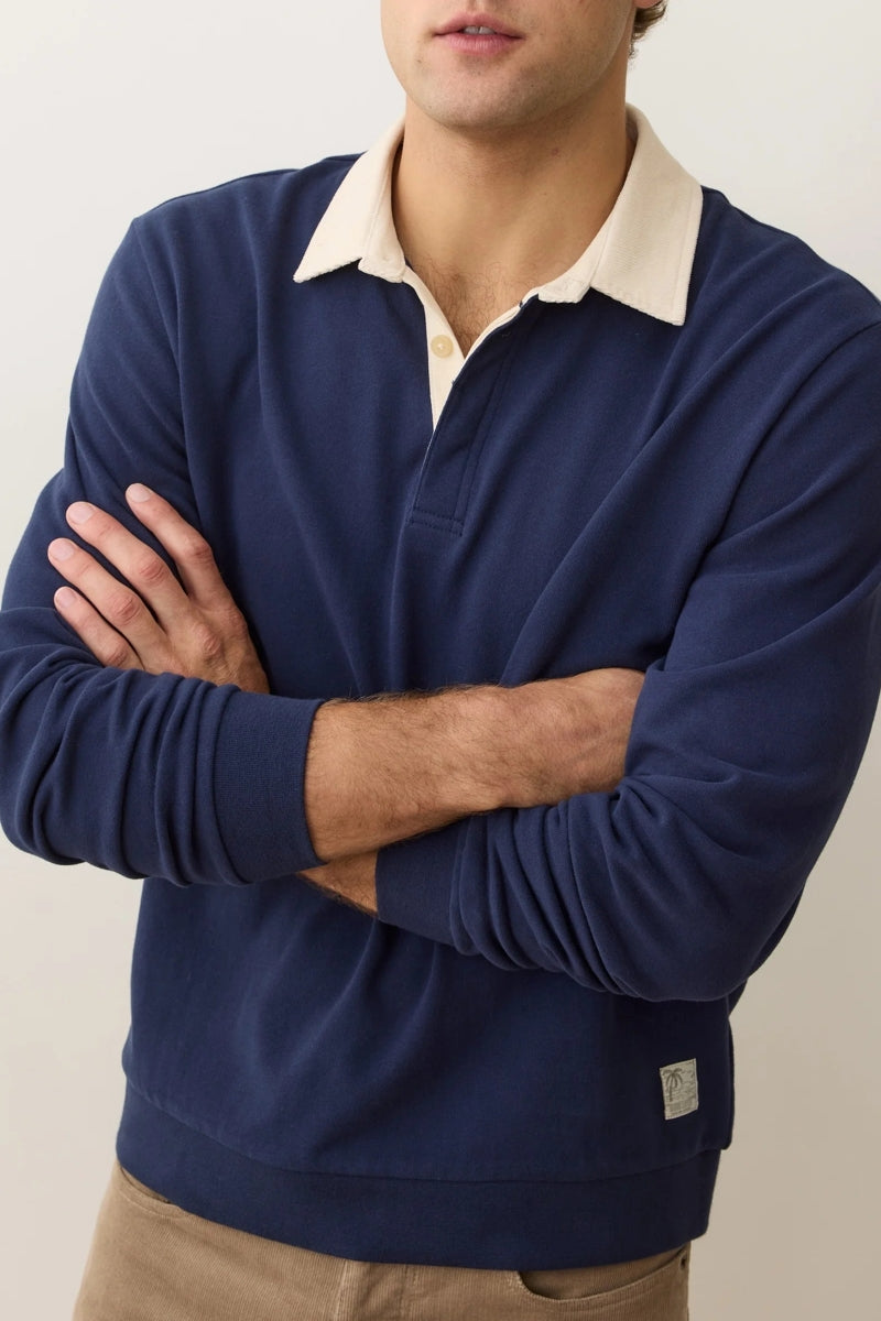 Wholesale,Marine Layer, Marine Layer Indigo with Cream Suede Rugby Polo, Blue, Small-42-TagSMedium-44-TagMLarge-47-TagLExtra Large-50-TagXL