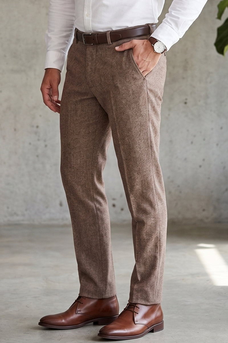 Faire,Guide London, Guide London Brown Twill Textured Wool Blend Pants, Brown, 30W-32L-Tag3032W-32L-Tag3234W-32L-Tag34
