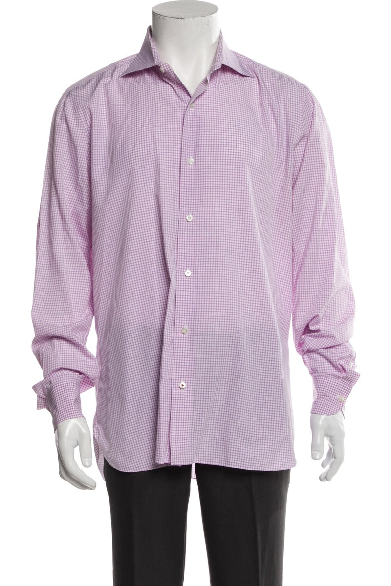 RealReal,Isaia, Isaia Purple/White Plaid Print Long Sleeve Dress Shirt, Purple, Large-46-TagL