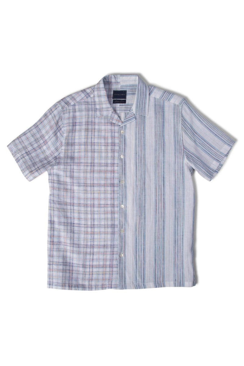 Brand Partner,Stitch Note, Stitch Note White/Blue Half Plaid Half Stripe European Linen Split Body Shirt, White, Extra Large-48-TagXXL