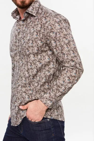 Faire,Web Blouse, Web Blouse Brown Abstract Print Button Up Dress Shirt, Brown, Large-46-TagL