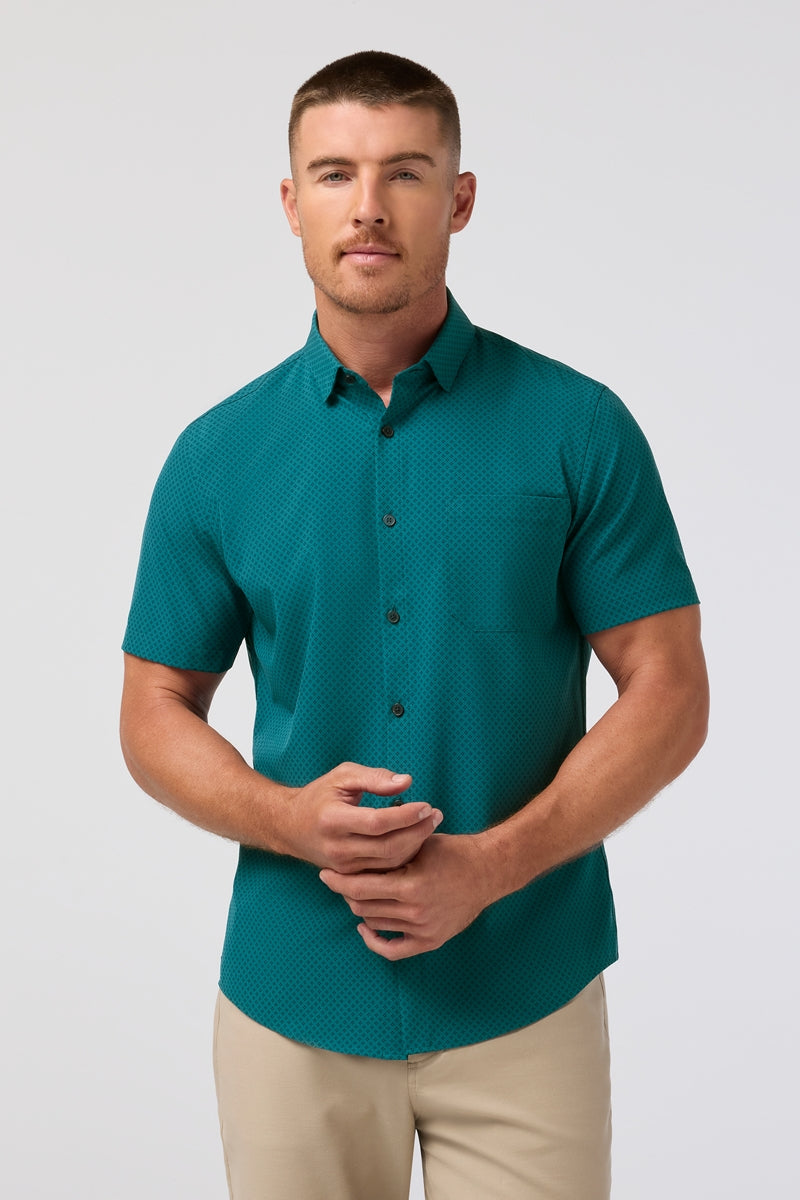 Wholesale,Mizzen + Main, Mizzen + Main Dark Teal Clover Print Trim Shirt, Green, Medium-43-TagMLarge-46-TagLExtra Large-49-TagXL