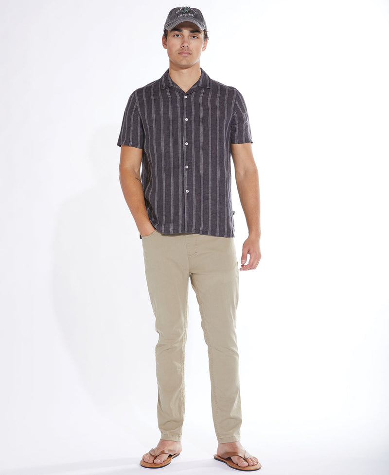 Civil Society Black Striped Cotton/Linen Blend Short Sleeve Resort Shirt