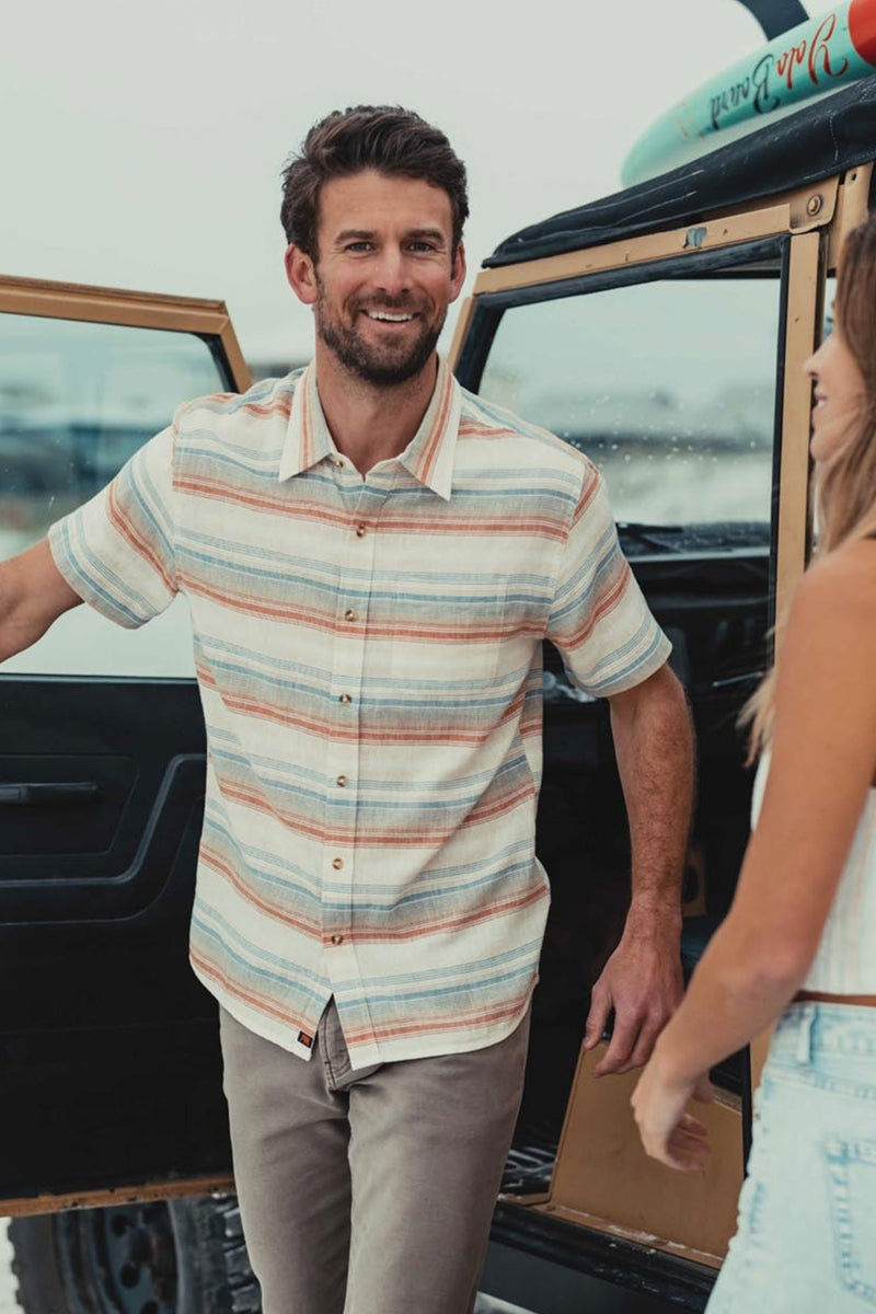Wholesale,The Normal Brand, The Normal Brand Beige/Canyon Stripe Freshwater Short Sleeve Button Up Shirt, Tan, Extra Extra Large-54-TagXXL