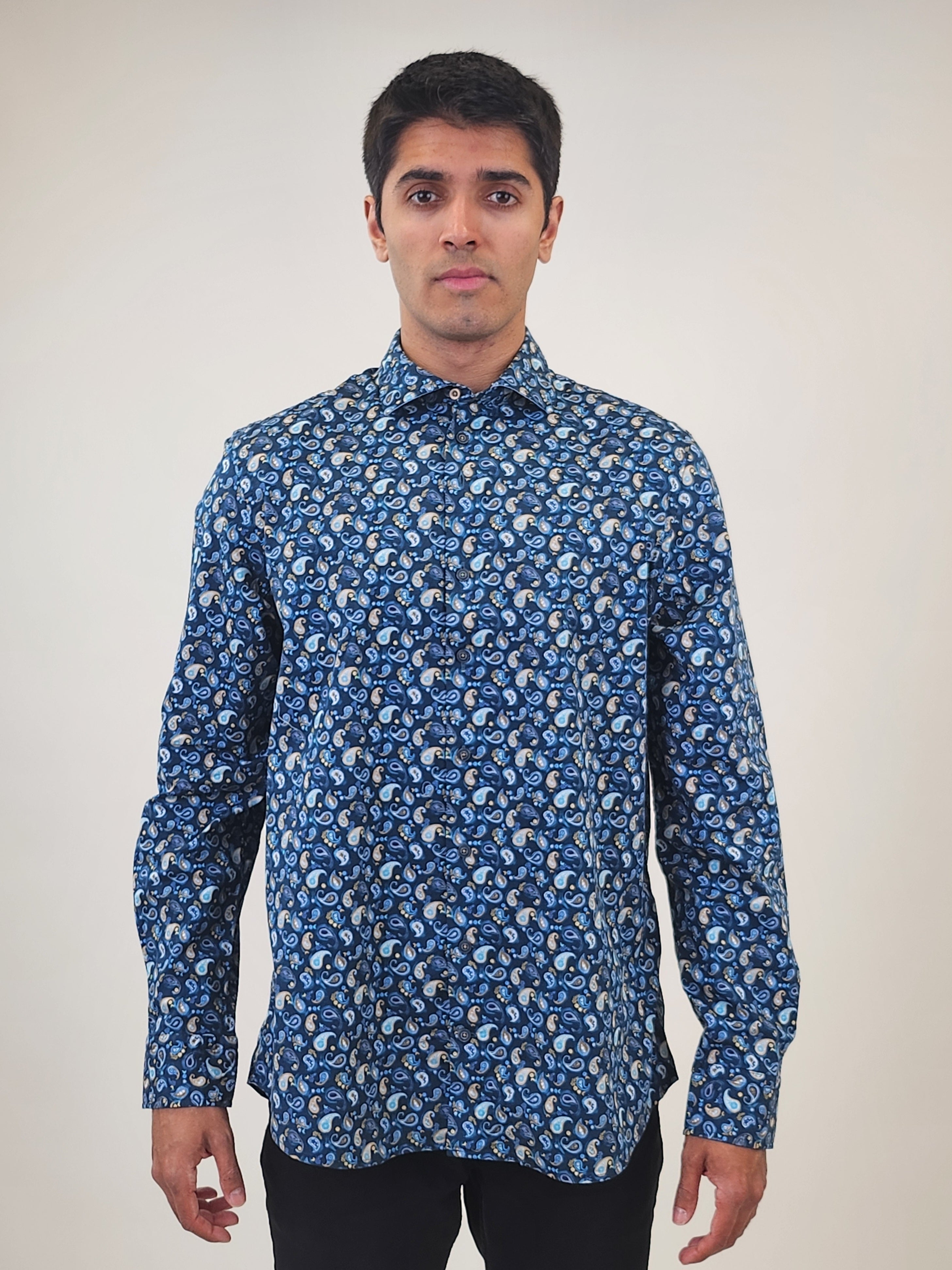 Brand Partner,R2 Amsterdam, R2 Amsterdam Blue Paisley Print Stretch Long Sleeve Shirt, Blue, Extra Extra Large-50-Tag44