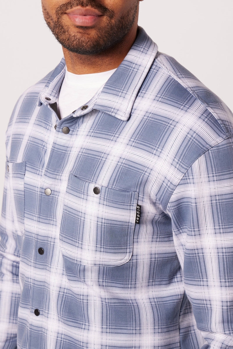 Wholesale,Glyder, Glyder Washed Blue Plaid Snap Front Overshirt, Blue, Small-42-TagSMedium-45-TagMLarge-48-TagLExtra Large-50-TagXLExtra Extra Large-54-TagXXL