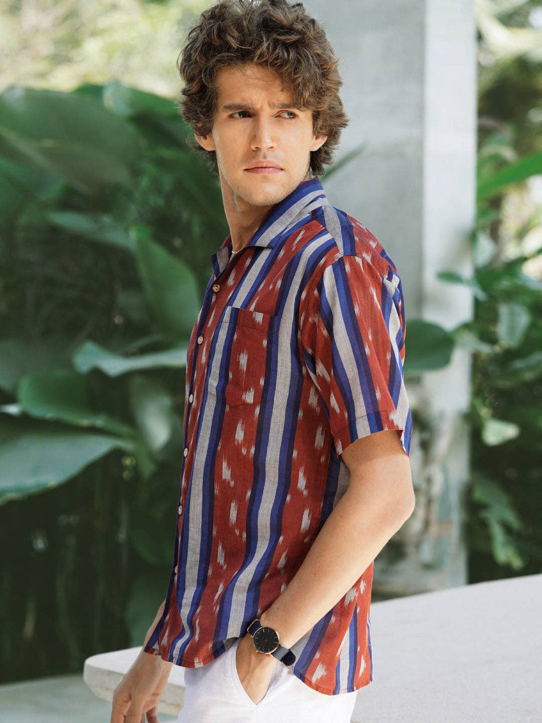 Faire,Pali, Pali Rust/Blue Striped Cuban Collar Handwoven Ikat Shirt, Red, Large-44-TagL