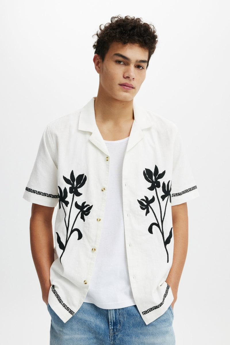 Cotton On Off White Embroidered Bouquet Short Sleeve Shirt