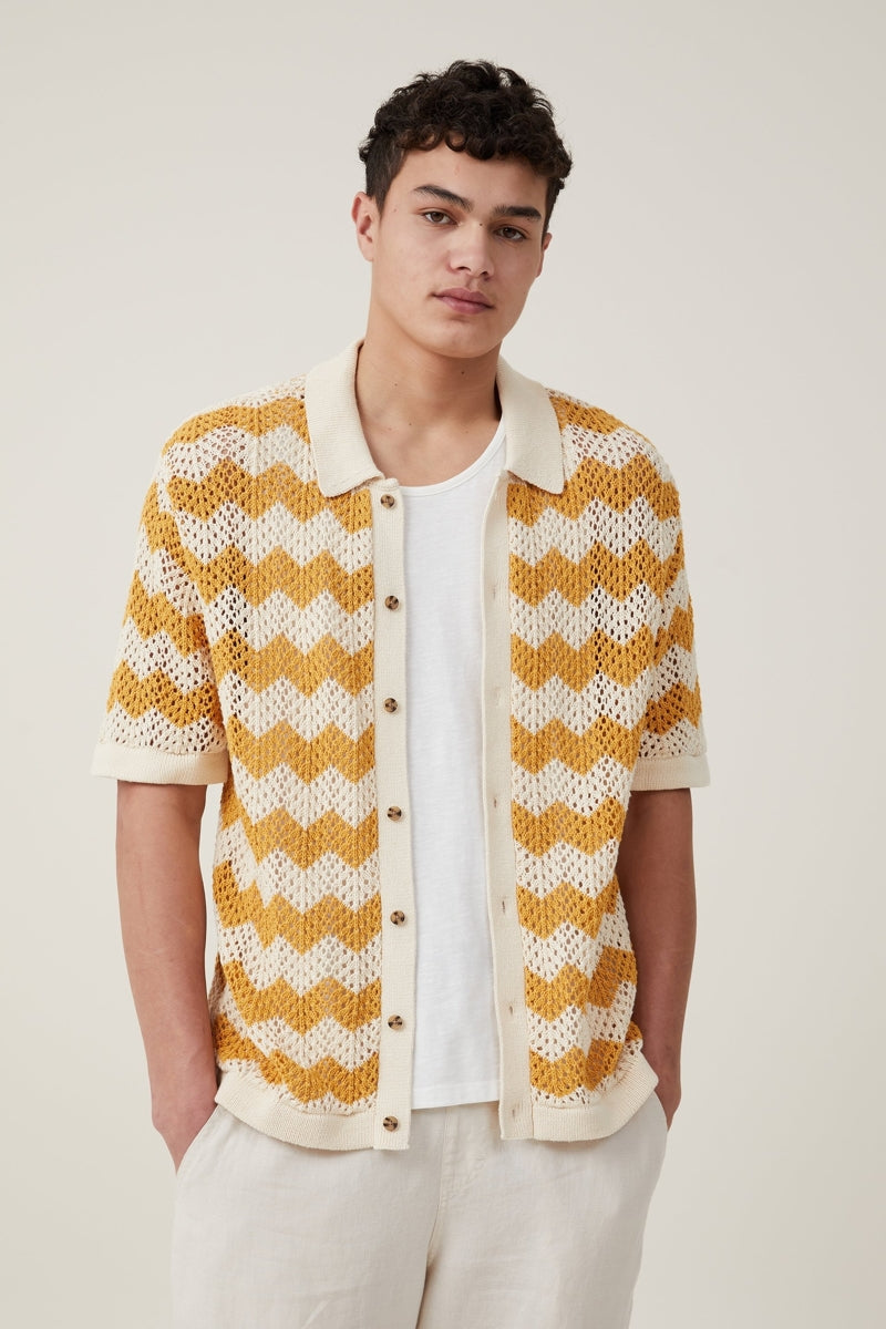 Cotton On Yellow/Cream Crochet Short Sleeve Shirt