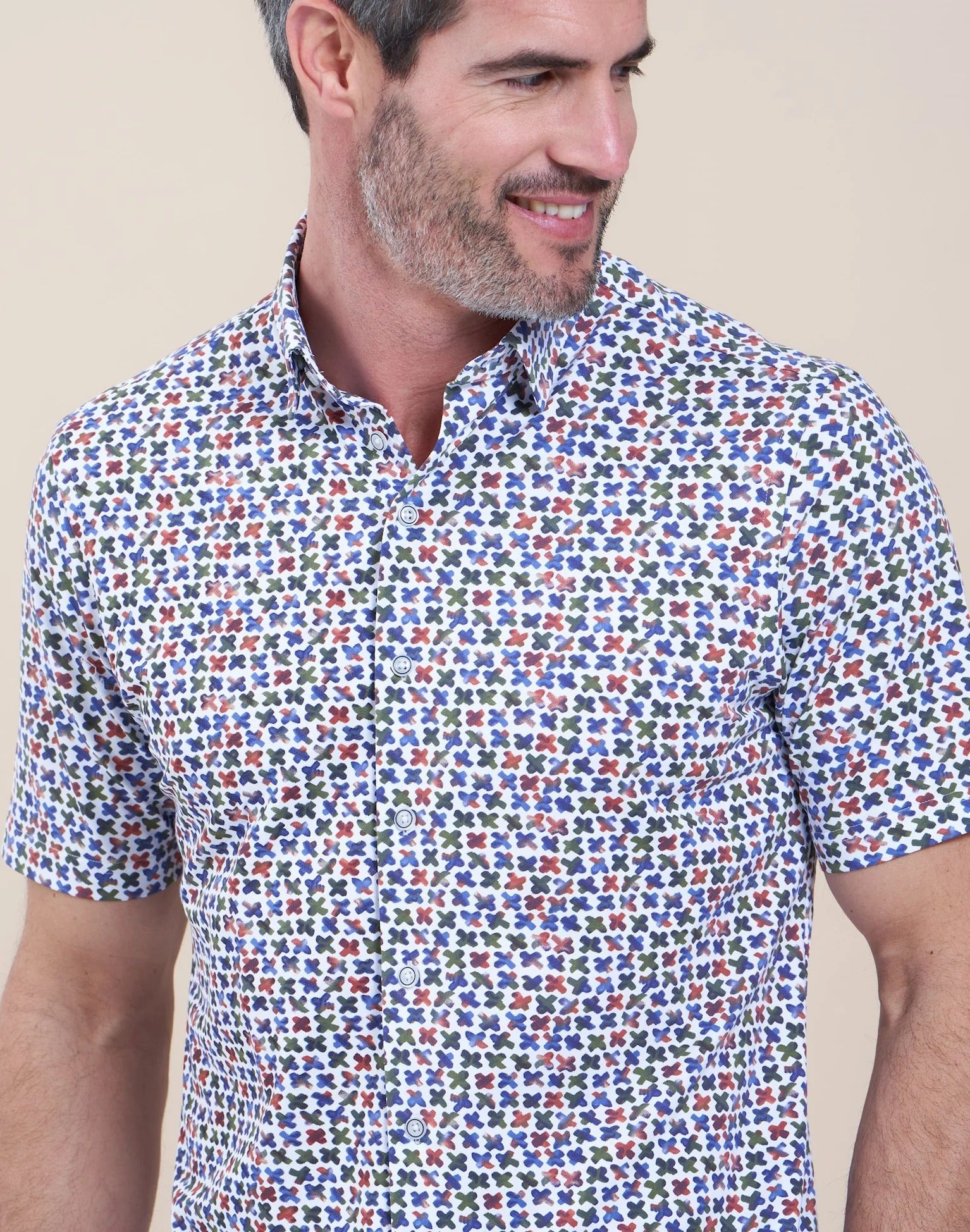 Brand Partner,R2 Amsterdam, R2 Amsterdam White With Criss Cross Print Knitted Pique Short Sleeve Button Up Shirt, White, Medium-42-Tag40