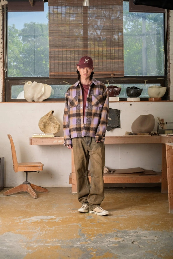 Kuwalla Purple/Tan Plaid Snap Soft Faux Mohair Shacket