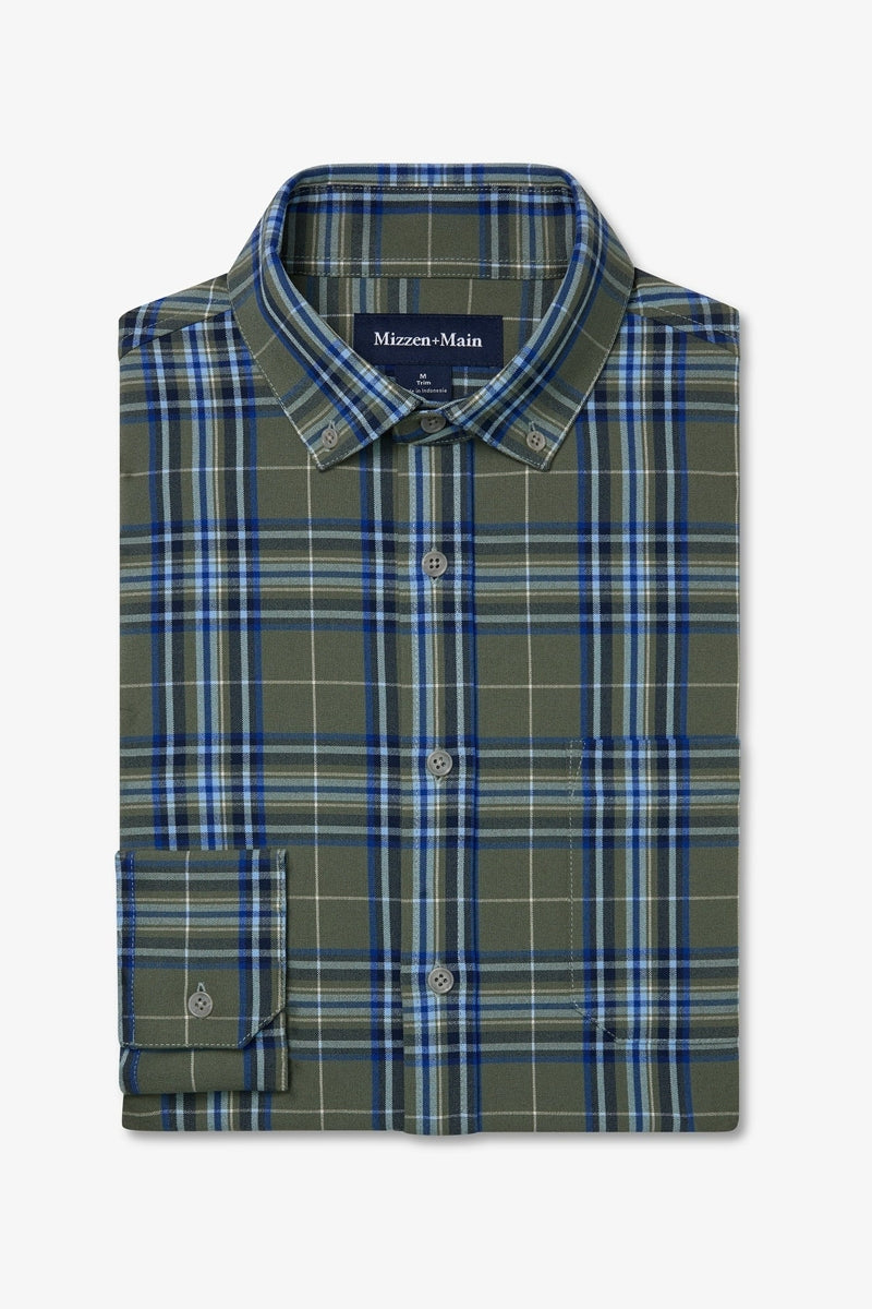 Wholesale,Mizzen + Main, Mizzen + Main Olive/Blue Plaid Trim Flannel Shirt, Green, Medium-44-TagMExtra Large-48-TagXLExtra Extra Large-52-TagXXLSmall-42-TagSLarge-46-TagLExtra Large-52-TagXL