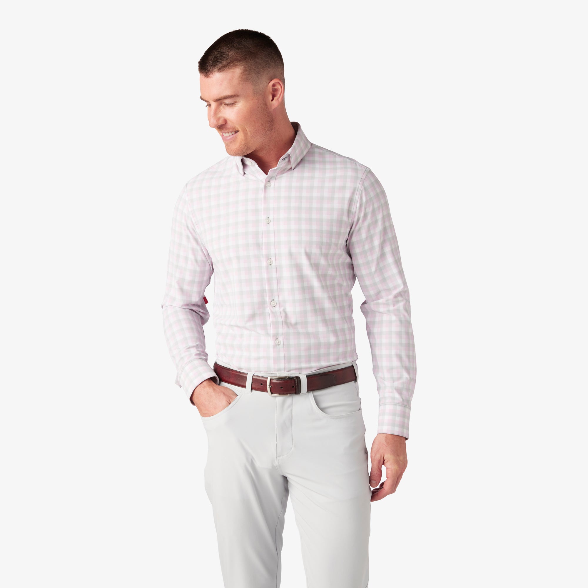 Wholesale,Mizzen + Main, Mizzen + Main Pink/Grey/White Triple Plaid Trim Fit Long Sleeve Dress Shirt, Pink, Small-41-TagS