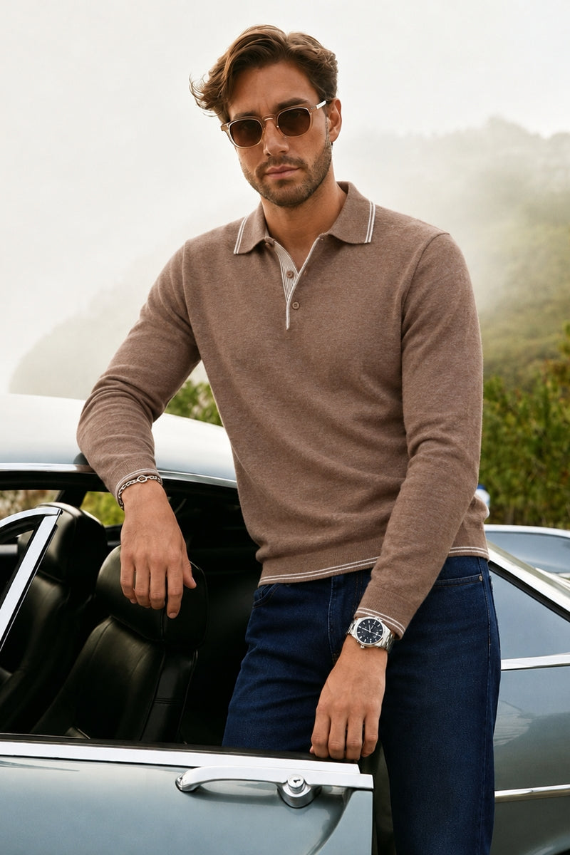 Wholesale,Luchiano Visconti, Luchiano Visconti Brown Dual-Tone Sartorial Melange Knit Polo, Brown, Small-41-TagSMedium-43-TagMLarge-45-TagLExtra Large-47-TagXL