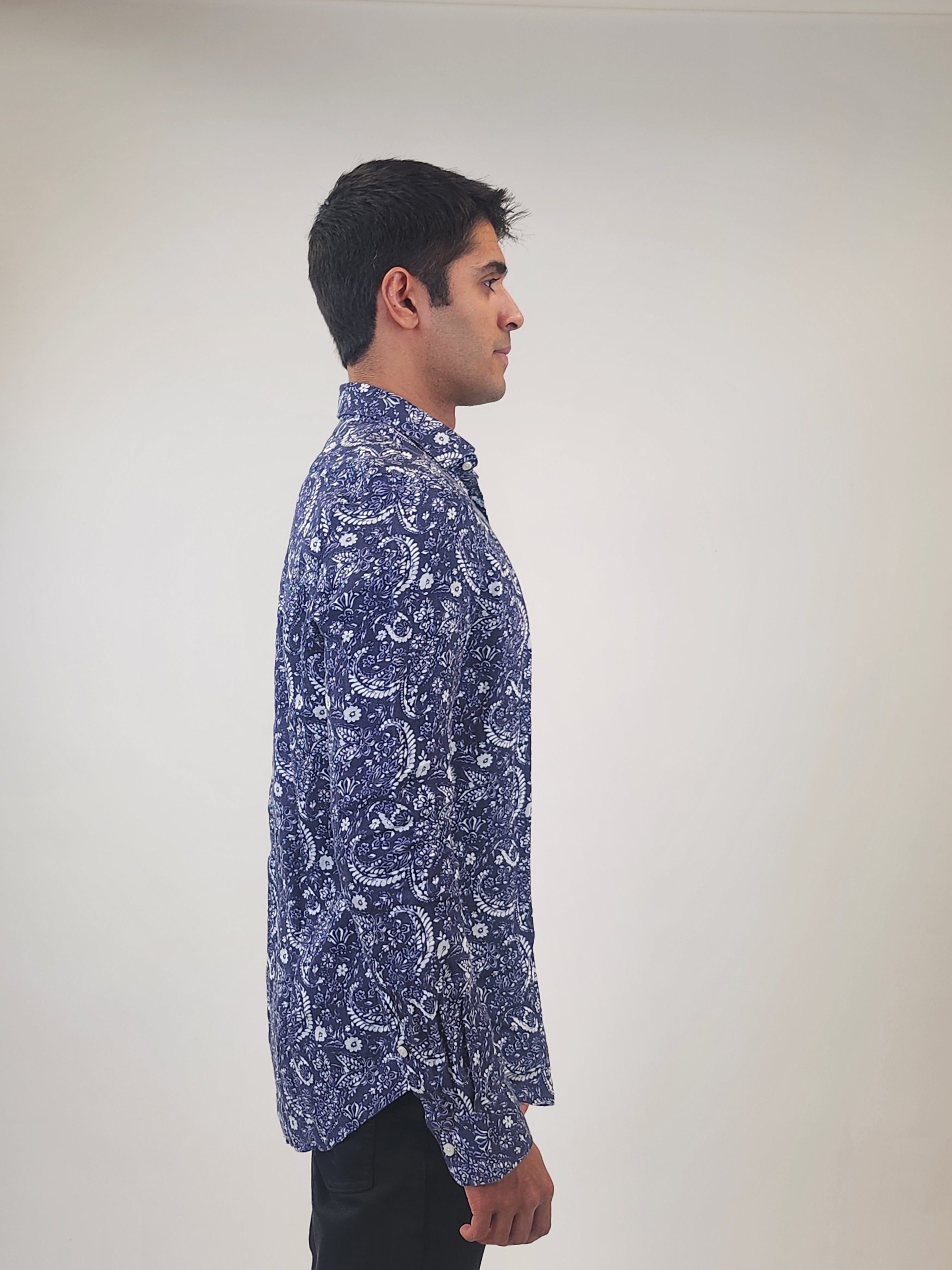 Brand Partner,R2 Amsterdam, R2 Amsterdam Navy Paisley Print Long Sleeve Linen Shirt, Blue, Medium-44-TagM
