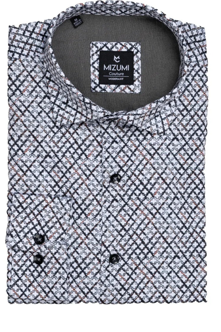 Wholesale,Mizumi, Mizumi Grey with White Multi Geo Print Shirt, Grey, Medium-43-TagMLarge-45-TagLExtra Large-47-TagXLExtra Extra Large-52-Tag3XLExtra Extra Large-50-TagXXL