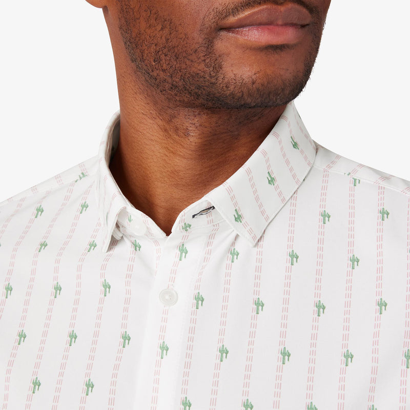 Mizzen + Main White Cactus Stripe Trim No Tuck Four-way Stretch Short Sleeve Leeward Dress Shirt