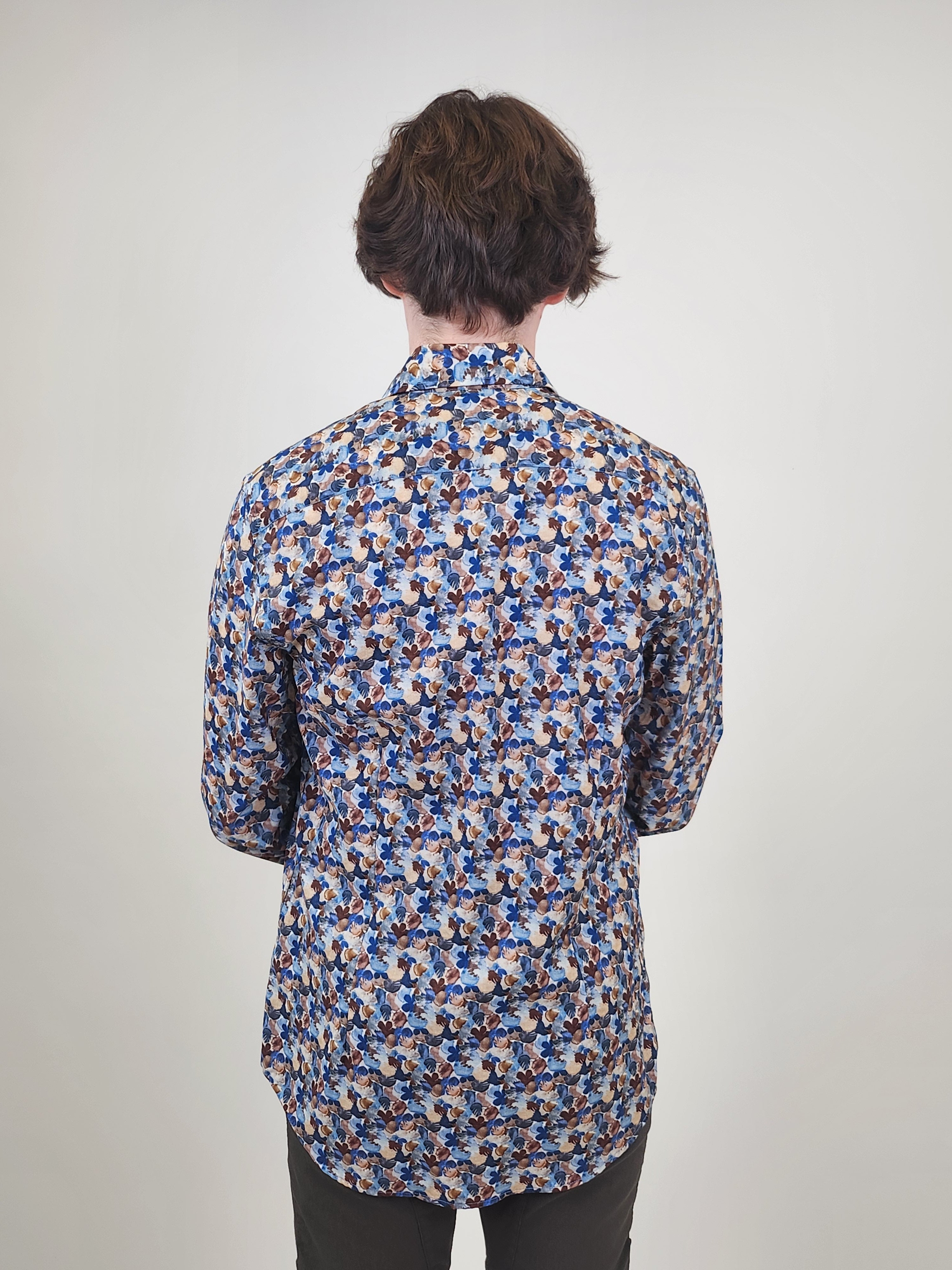 Brand Partner,R2 Amsterdam, R2 Amsterdam Blue Multi Floral Print Wool Long Sleeve Button Up Shirt, Blue, Small-41-Tag39