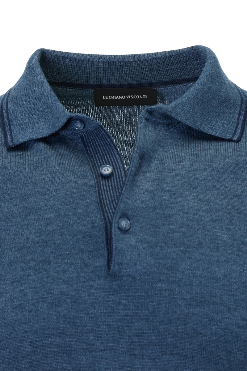 Wholesale,Luchiano Visconti, Luchiano Visconti Indigo Dual-Tone Sartorial Melange Knit Polo, Blue, Small-41-TagSMedium-43-TagMLarge-45-TagLExtra Large-47-TagXL