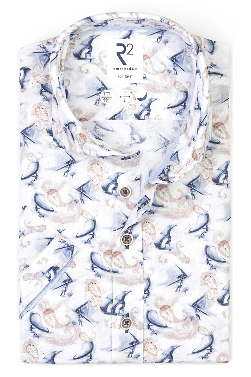Direct From Brand,R2 Amsterdam, R2 Amsterdam White/Navy/Tan Wing Surf Print Shirt, White, Large-46-Tag42Extra Large-48-Tag43Extra Extra Large-56-Tag47Medium-42-Tag39Extra Extra Large-50-Tag44Extra Extra Large-52-Tag45