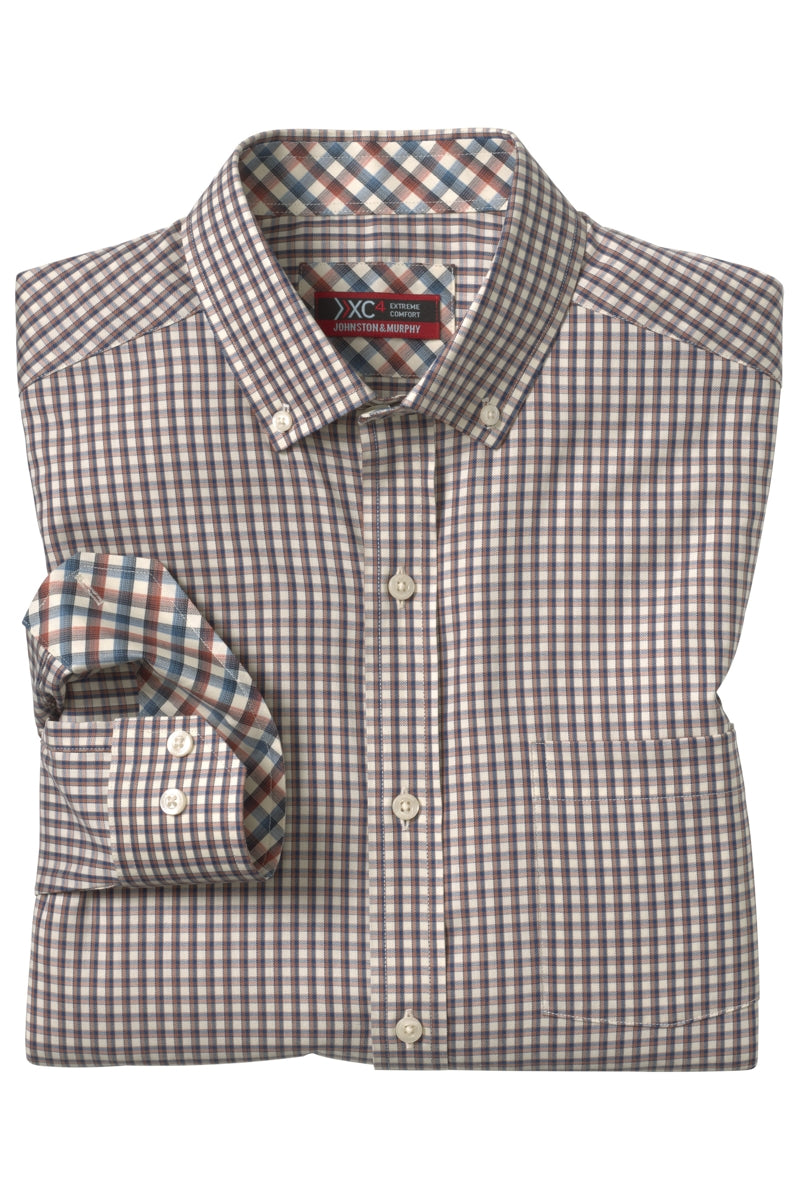 Wholesale,Johnston & Murphy, Johnston & Murphy Brown Outlined Grid Four-way Stretch Shirt, Brown, Large-47-TagL