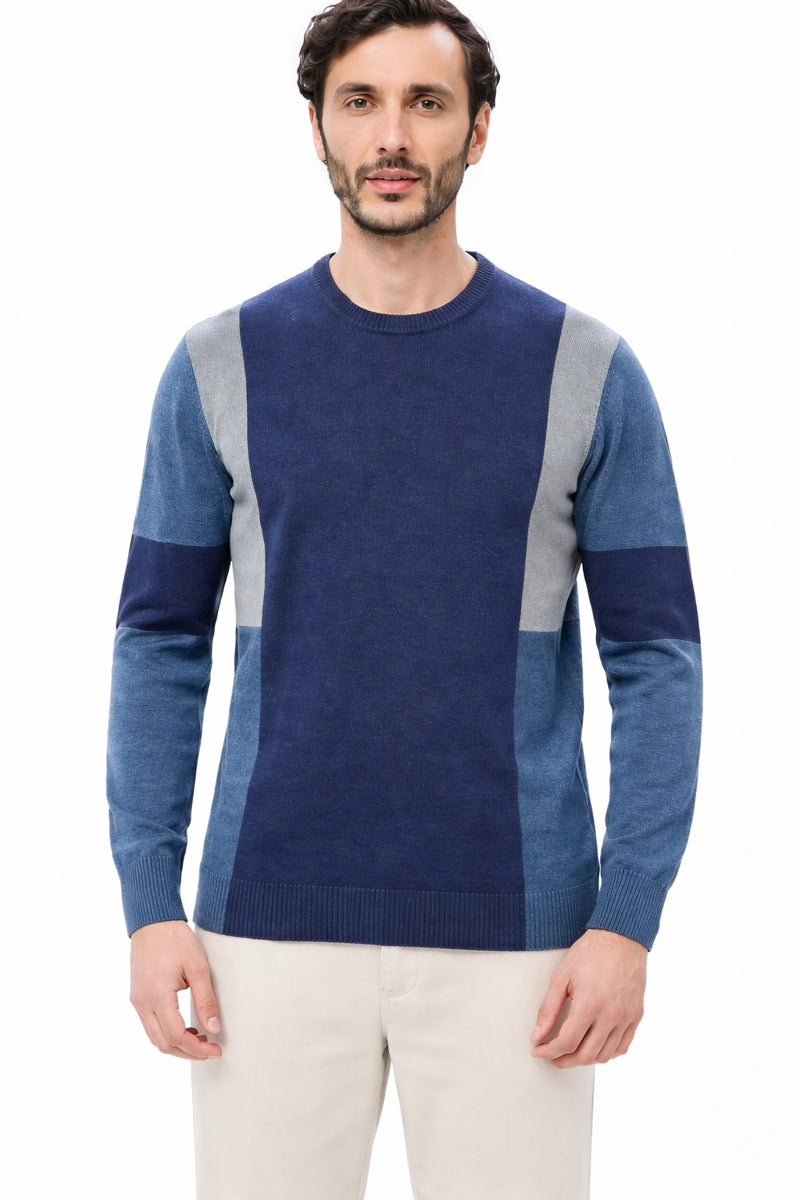 Wholesale,Luchiano Visconti, Luchiano Visconti Melange Navy Multi Panelled Crewneck Sweater, Blue, Extra Large-46-TagXL