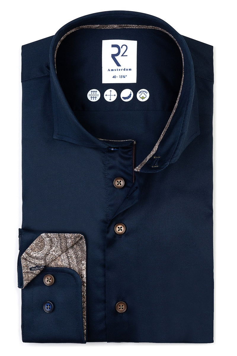 Direct From Brand,R2 Amsterdam, R2 Amsterdam Navy 2 Ply Cotton Shirt, Blue, Medium-42-Tag40