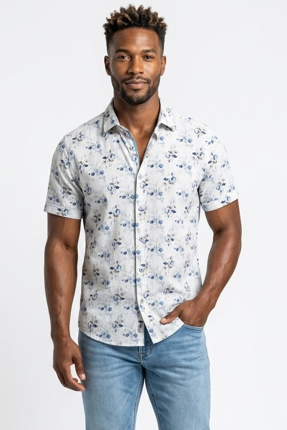 Faire,Guide London, Guide London White Floral on Stripe Short Sleeve Button Up Shirt, White, Medium-44-TagL