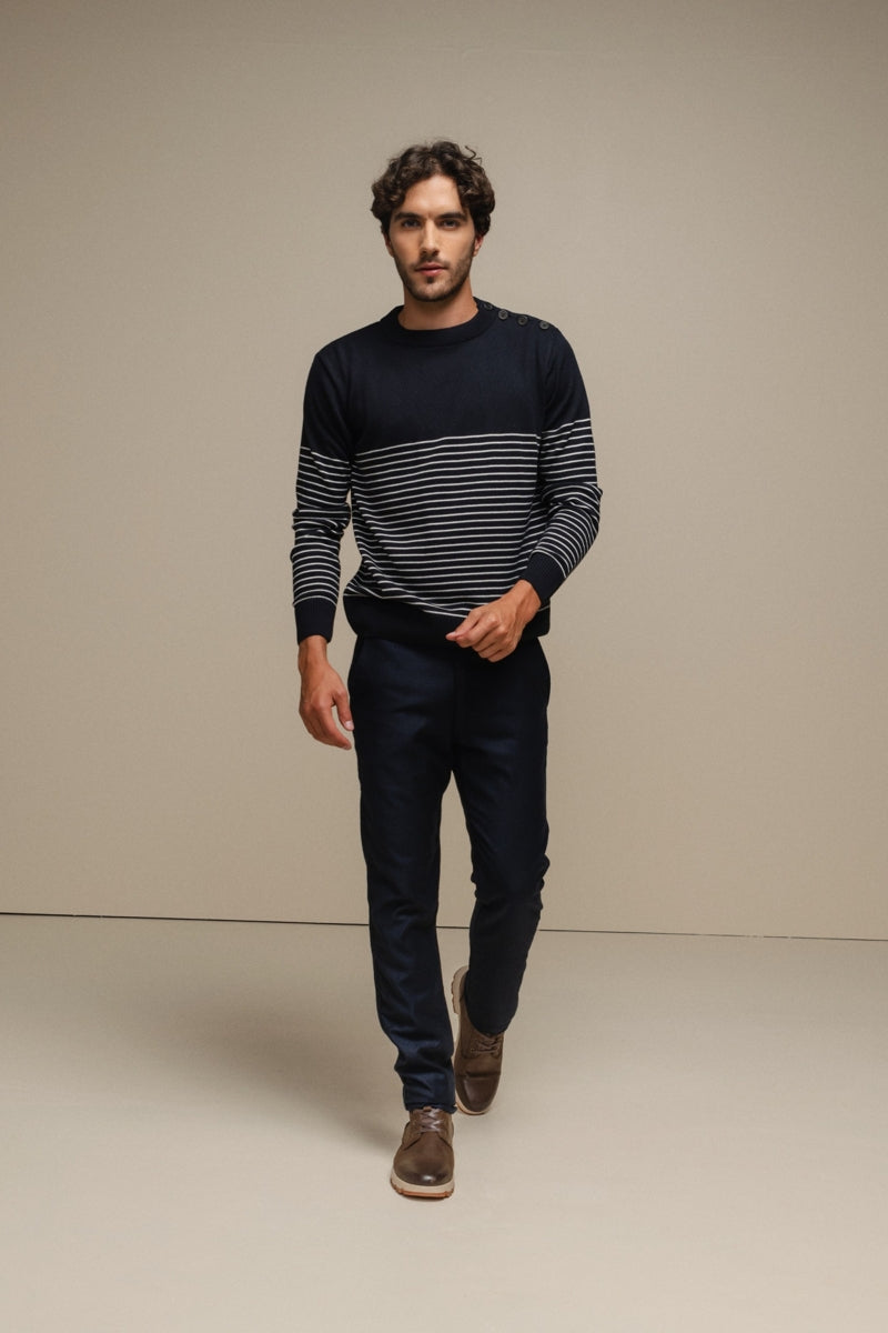Faire,SMF, SMF Navy Striped Knit Sweater with Shoulder Button Detail, Blue, Small-40-TagMMedium-42-TagLLarge-44-TagXL