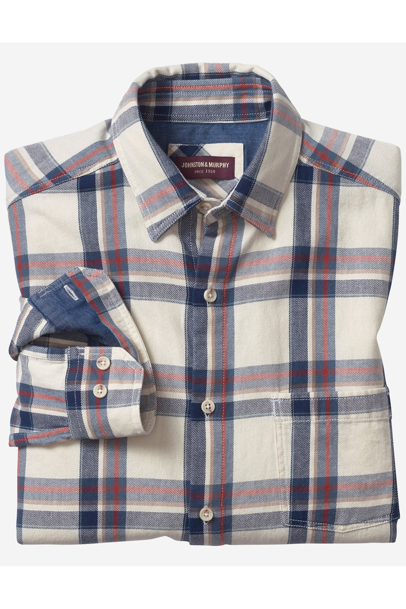 Wholesale,Johnston & Murphy, Johnston & Murphy Ivory with Navy Box Plaid Shirt, White, Medium-44-TagMLarge-46-TagLExtra Large-50-TagXL