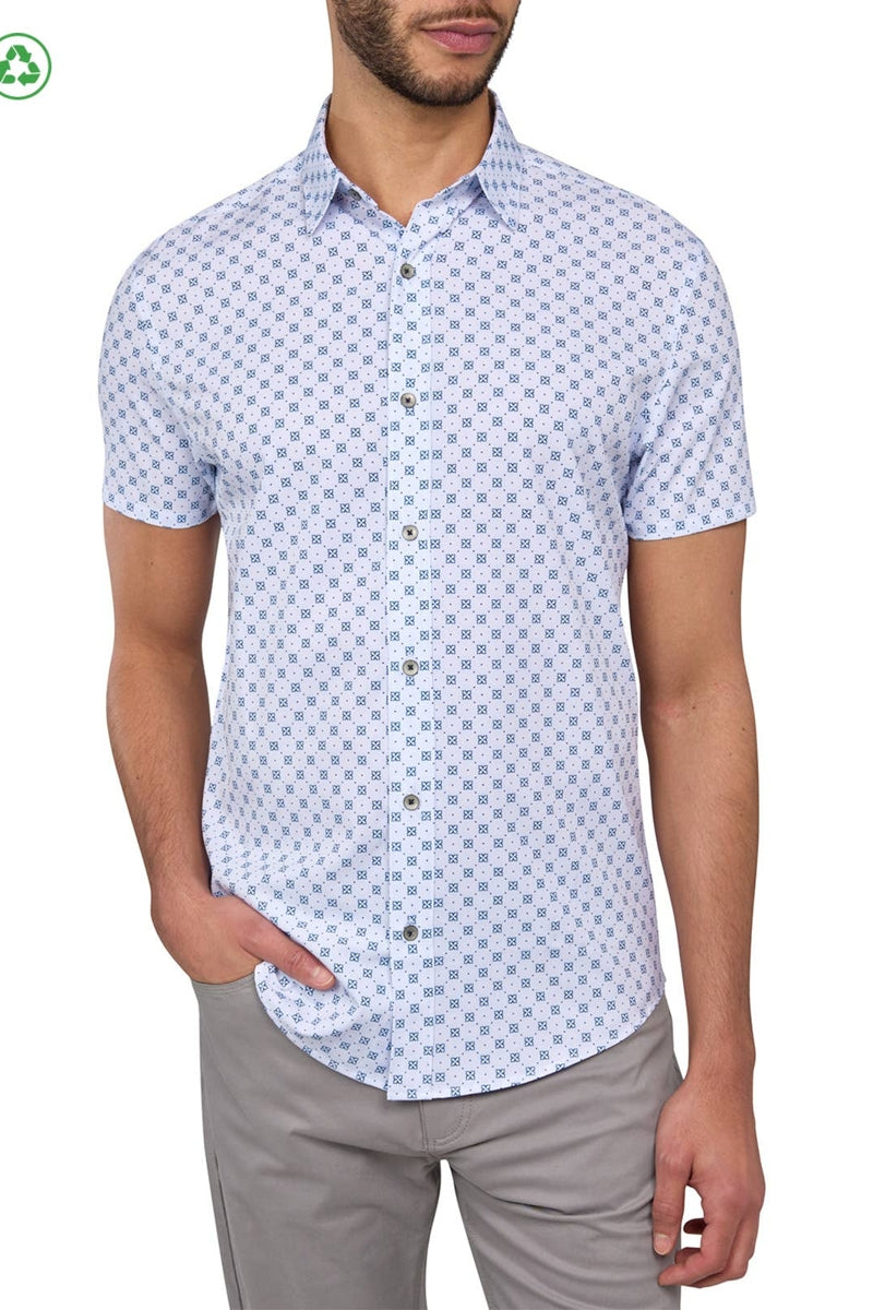 Faire,W.R.K, W.R.K White/Navy Geo Motif Print 4-way Stretch Recycled Shirt, White, Small-39-TagSMedium-42-TagMLarge-44-TagLExtra Large-46-TagXLExtra Extra Large-48-TagXXL