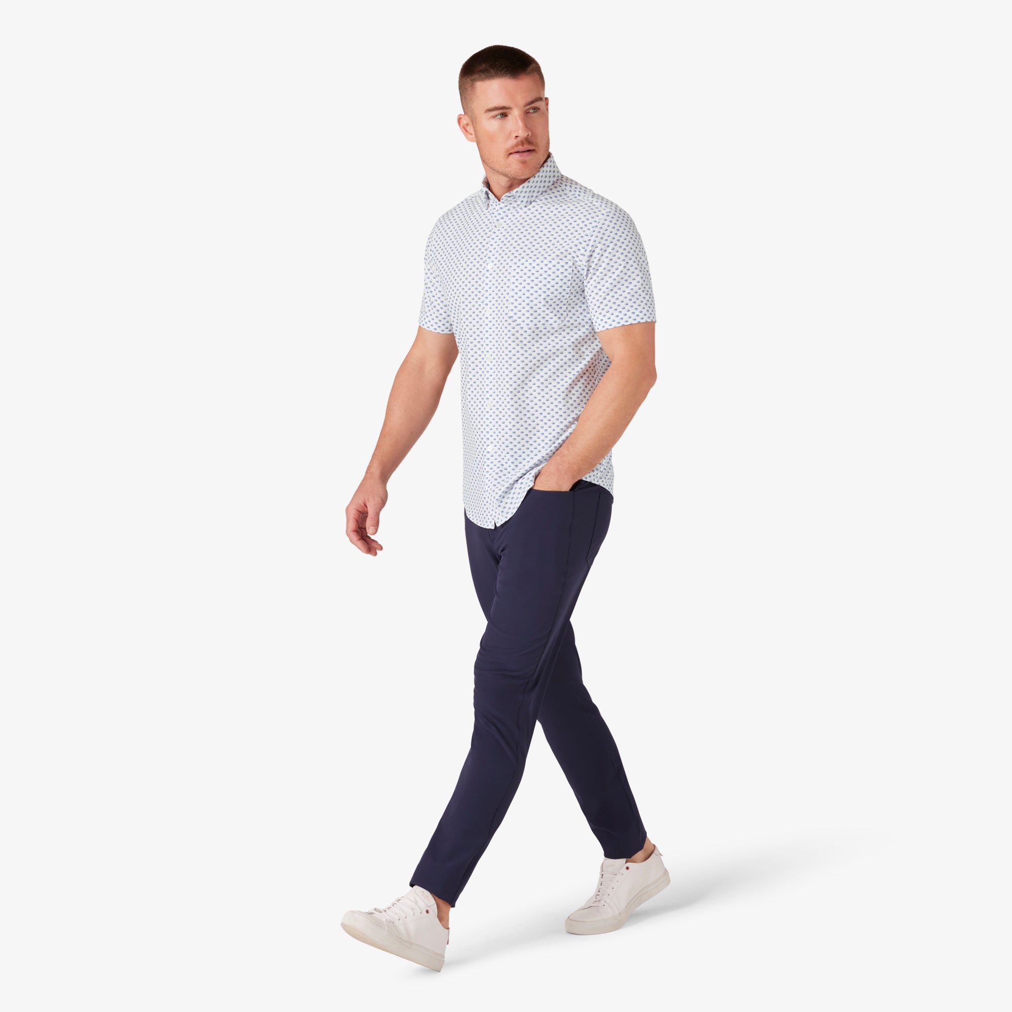 Wholesale,Mizzen + Main, Mizzen + Main White Geo Print Trim Fit Short Sleeve Shirt, White, Extra Large-47-TagXL