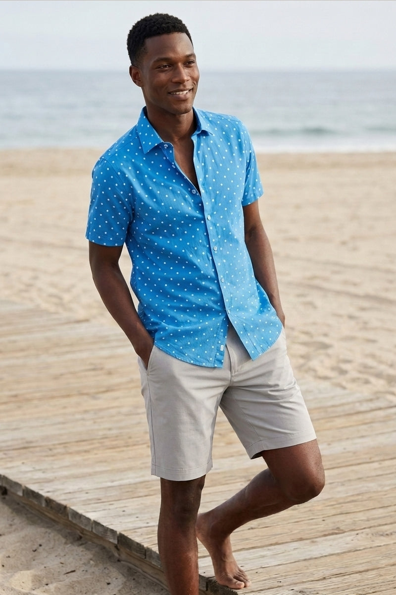 Wholesale,Paisley & Gray, Paisley & Gray Sky Blue/White Polka Dot Print Short Sleeve Shirt, Blue, Small-38-TagSSmall-40-TagMSmall-39-TagMMedium-43-TagLLarge-46-TagXLExtra Large-48-TagXXLExtra Large-49-TagXXL