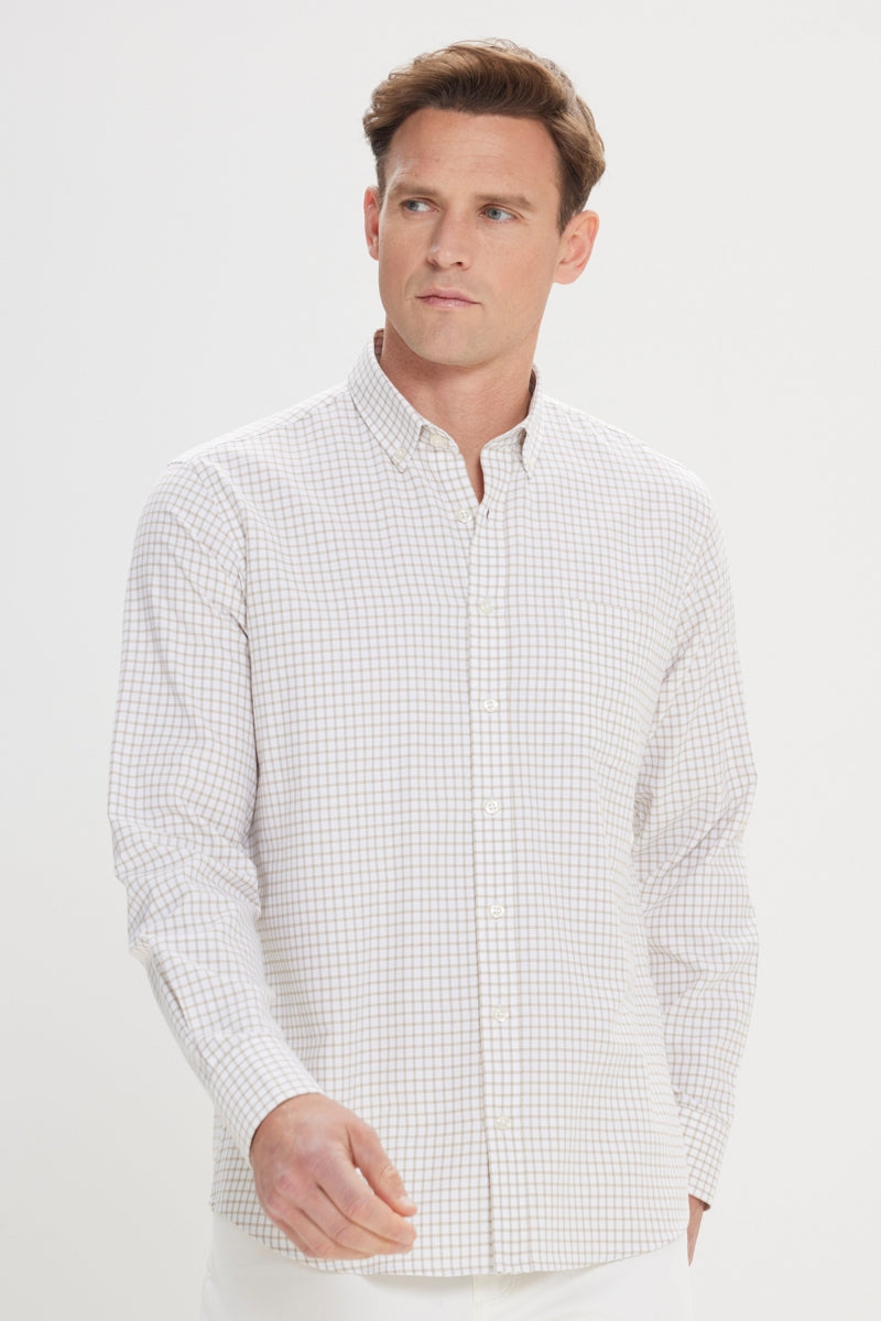 Wholesale,Altinyildiz Classics, Altinyildiz Classics Beige/White Plaid Seersucker Patterned Comfort Fit Shirt, Tan, Extra Extra Large-51-TagXXL