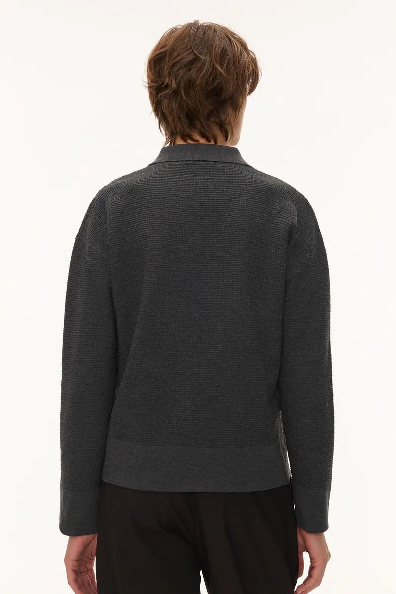Direct From Brand,FYNE, FYNE Dark Grey Waffle Knit V-neck Sweater Polo, Grey, Medium-45-TagM