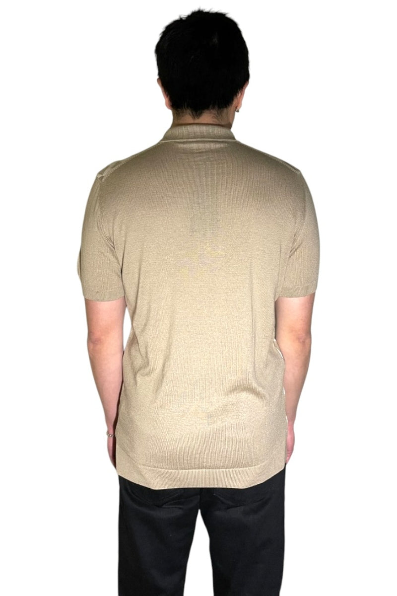 Wholesale,Mizumi, Mizumi Beige Geo Print Knit Short Sleeve Polo, Tan, Small-40-TagSMedium-42-TagMLarge-44-TagLExtra Large-46-TagXLExtra Large-47-TagXXL