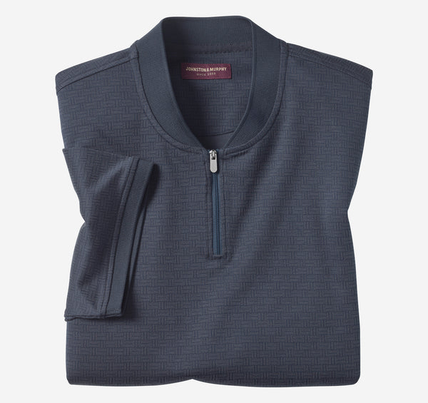 Johnston & Murphy Navy Jacquard Zip Short Sleeve Polo with Baseball-Style Ribbed Knit Collar