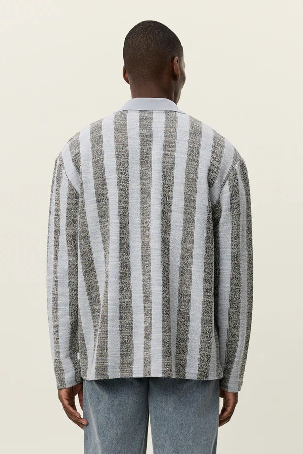 Wholesale,Les Deux, Les Deux Blue with Black Striped Jacquard Jersey Textured Knit Polo, Blue, Medium-48-TagM