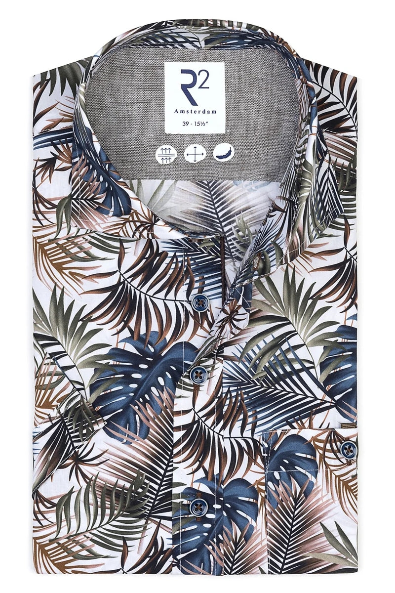 Direct From Brand,R2 Amsterdam, R2 Amsterdam Brown Multi Tropical Print Poplin Shirt, Brown, Large-46-Tag42Extra Large-48-Tag43Extra Extra Large-53-Tag46