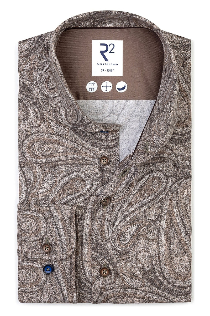 Direct From Brand,R2 Amsterdam, R2 Amsterdam Beige Paisley Print Stretch Shirt, Brown, Medium-42-Tag40Medium-44-Tag41Large-46-Tag42Extra Large-48-Tag43