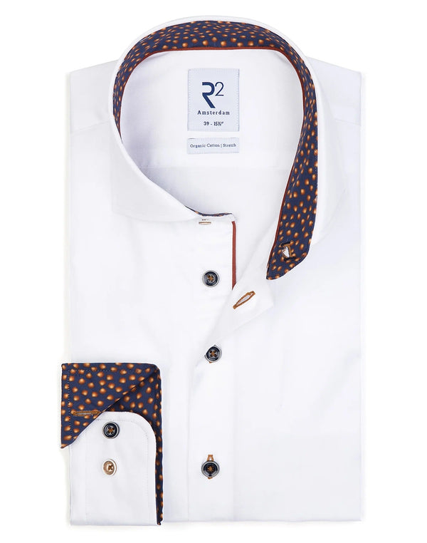 R2 Amsterdam White Long Sleeve Button Up Shirt Lantern Print Contrast