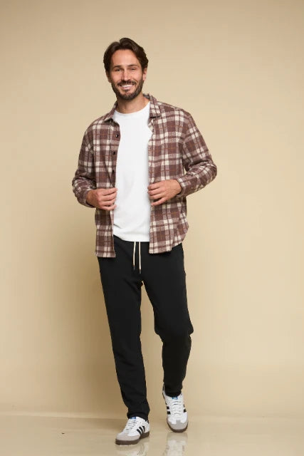 Wholesale,Fundamental Coast, Fundamental Coast Brown Plaid Brushed Knit Flannel Shirt, Brown, Extra Large-50-TagXL