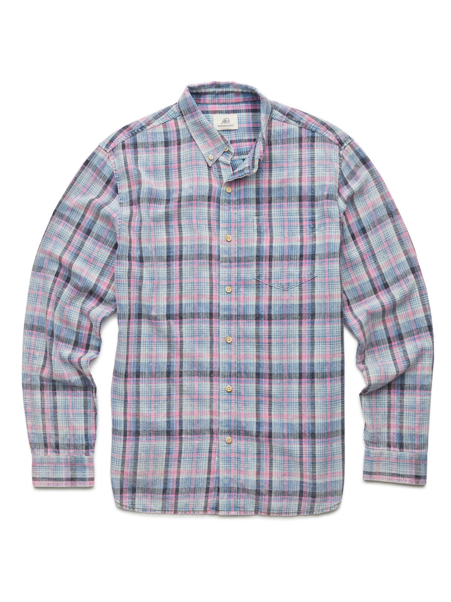 Faire,Surfside Supply, Surfside Supply Pink Multi Washed Plaid Long Sleeve Twill Shirt, Pink, Medium-42-TagM