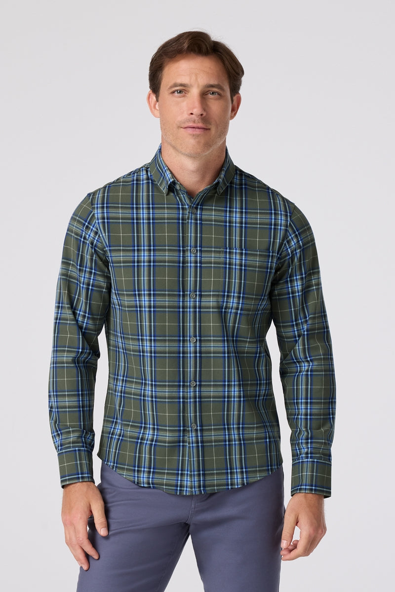 Wholesale,Mizzen + Main, Mizzen + Main Olive/Blue Plaid Trim Flannel Shirt, Green, Large-46-TagL