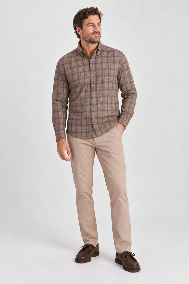 Wholesale,Johnston & Murphy, Johnston & Murphy Heather Tan with Blue Box Plaid Shirt, Tan, Medium-44-TagMLarge-46-TagL
