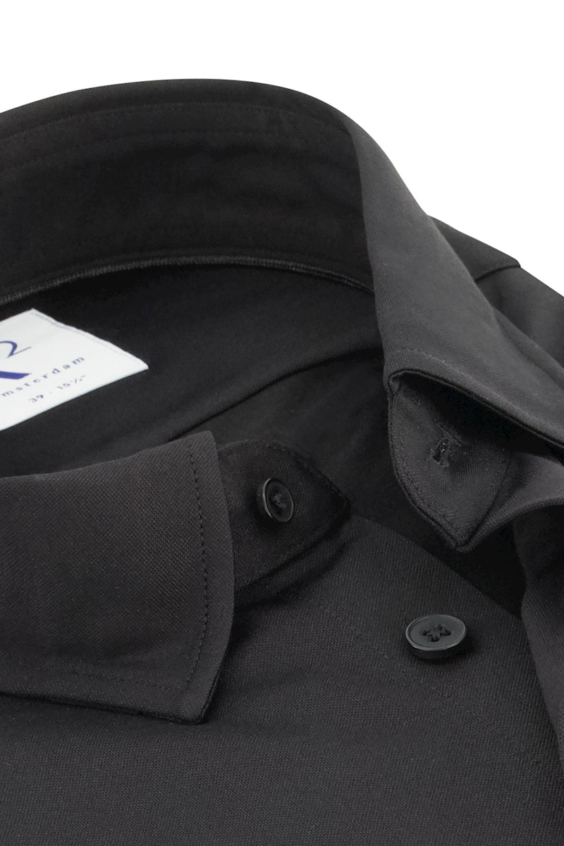 Direct From Brand,R2 Amsterdam, R2 Amsterdam Black Knitted Pique Long Sleeve Dress Shirt, Black, Medium-42-Tag40