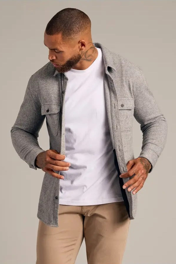 Faire,True Classic, True Classic Heather Grey Herringbone Overshirt, Grey, Small-40-TagSMedium-42-TagMLarge-44-TagLExtra Large-48-TagXLExtra Large-54-TagXL