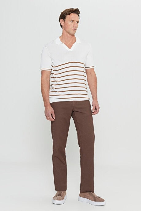Altinyildiz Classics White with Brown Striped Knit Polo