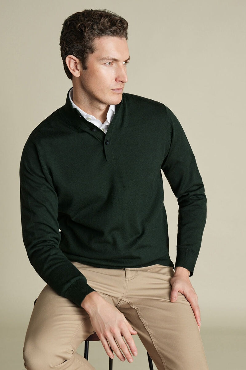 Wholesale,Charles Tyrwhitt, Charles Tyrwhitt Forest Green Pure Merino Wool Button Neck Pullover, Green, Medium-42-TagM